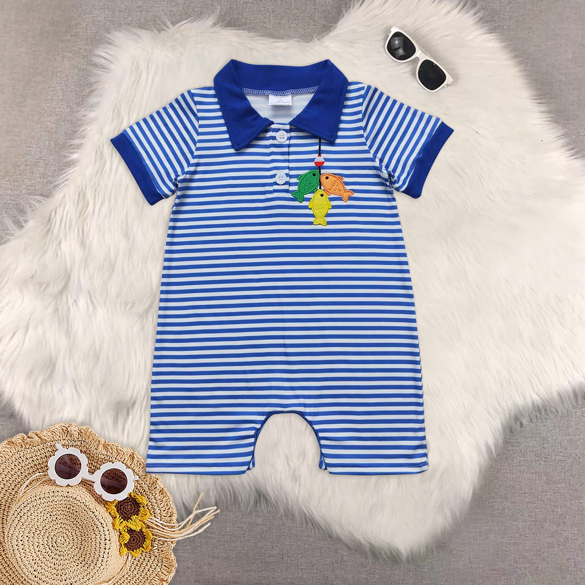 Sibling Baby Boys Fishing Blue Stripes Embroidery Summer Clothes Sets rompers