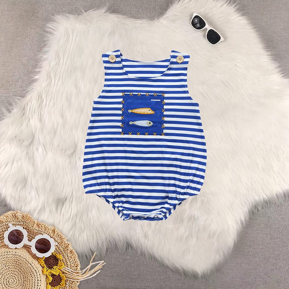 Sibling Baby Boys Fishing Blue Stripes Embroidery Summer Clothes Sets rompers