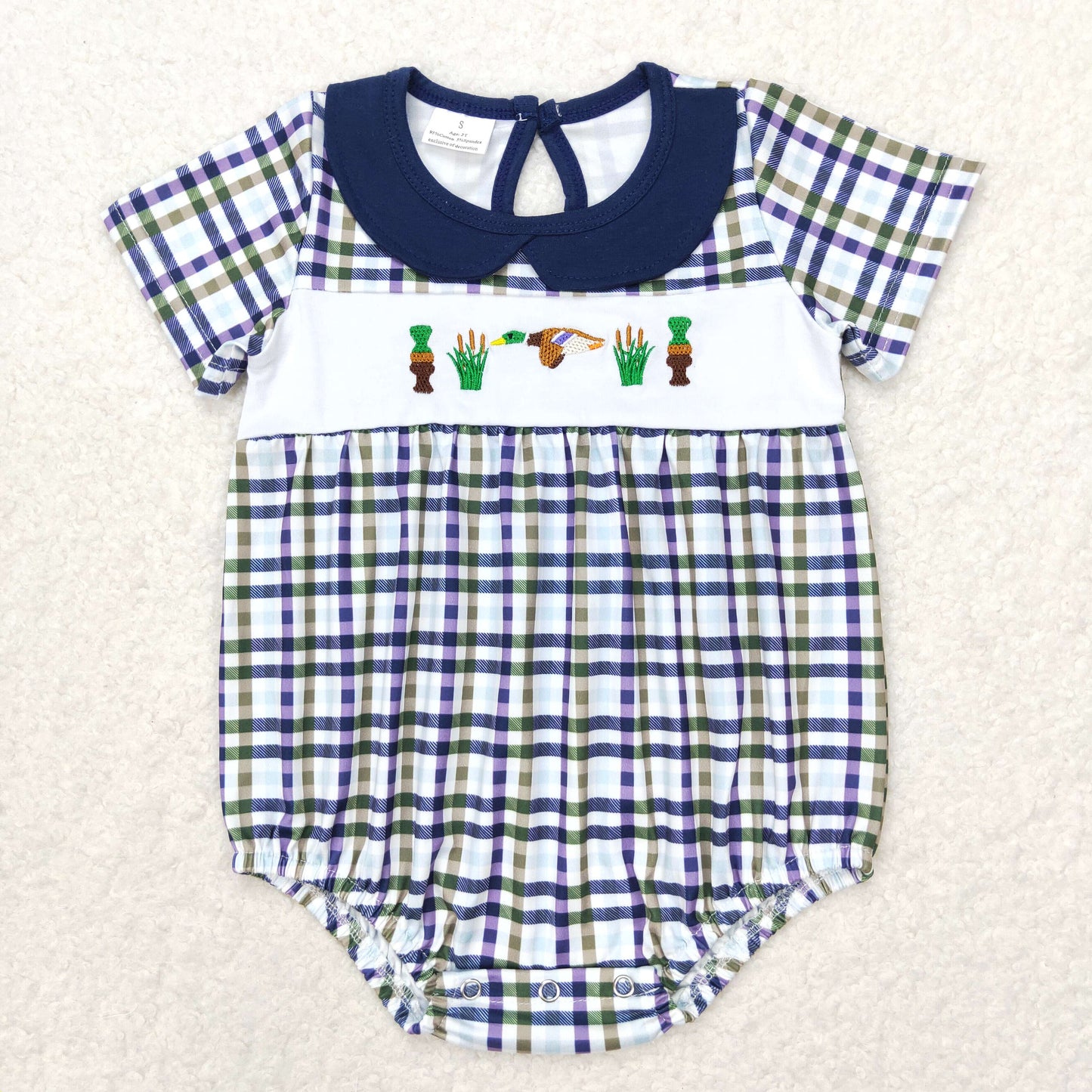 RTS NO MOQ（In Stock) embroidery bottle duck plaid short-sleeved jumpsuit