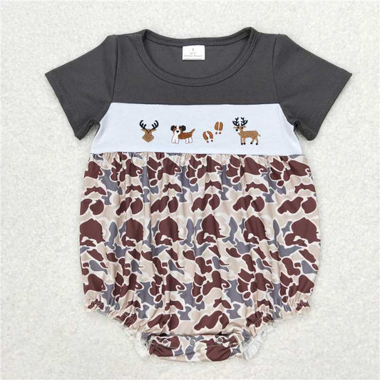 RTS NO MOQ（In Stock) SR1243 Embroidered Camouflage puppy duck short sleeve romper