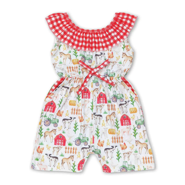 RTS NO MOQ Milk Silk  Sibling Baby Girls Ruffle Neck Summer Pockets Shorts Jumpsuits