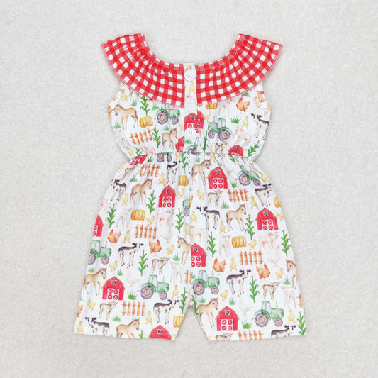 RTS NO MOQ（In Stock) Farm animal red house red plaid lace sleeveless bodysuit