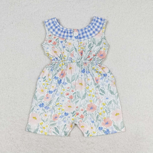 rts no moq SR1343 Floral floral blue and white plaid lace sleeveless jumpsuit
