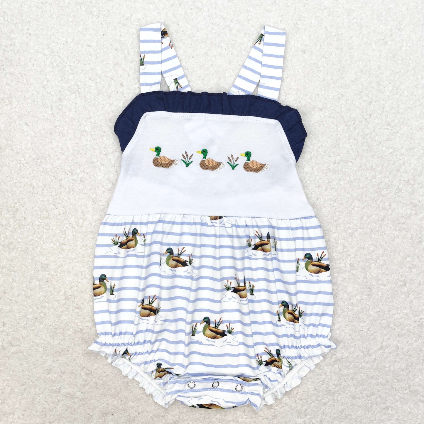 RTS NO MOQ（In Stock) SR1584 Embroidery three ducks navy blue lace striped vest jumpsuit