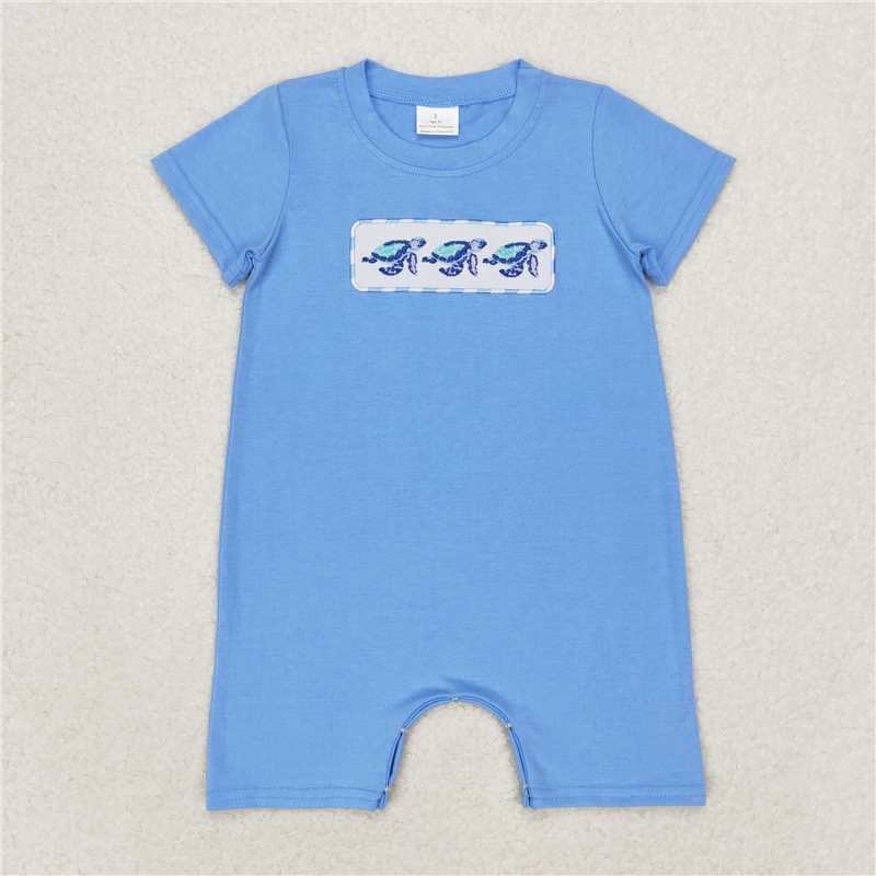 RTS NO MOQ Baby Boys Sibling Embroider Top Blue Summer Clothes Sets Rompers