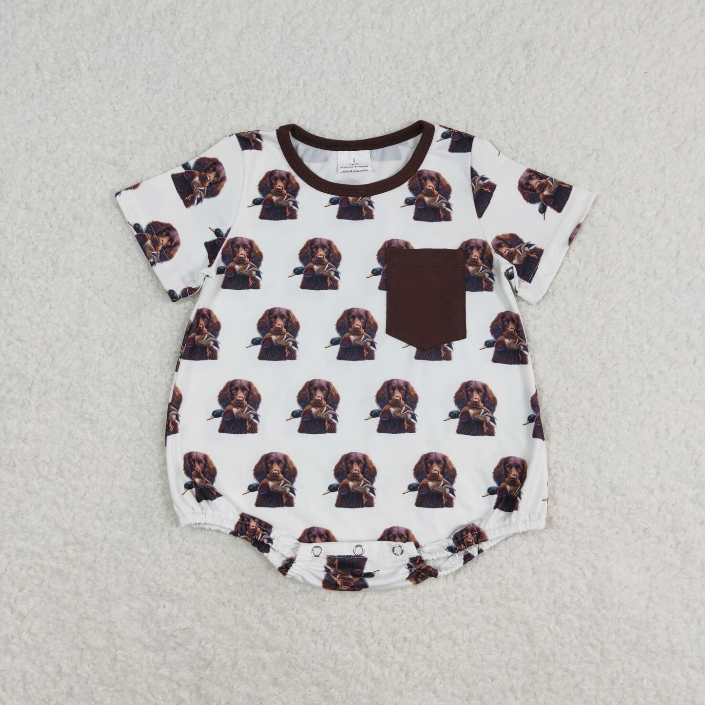 RTS NO MOQ（In Stock) Duck Puppy Brown Pocket White Short Sleeve Bodysuit