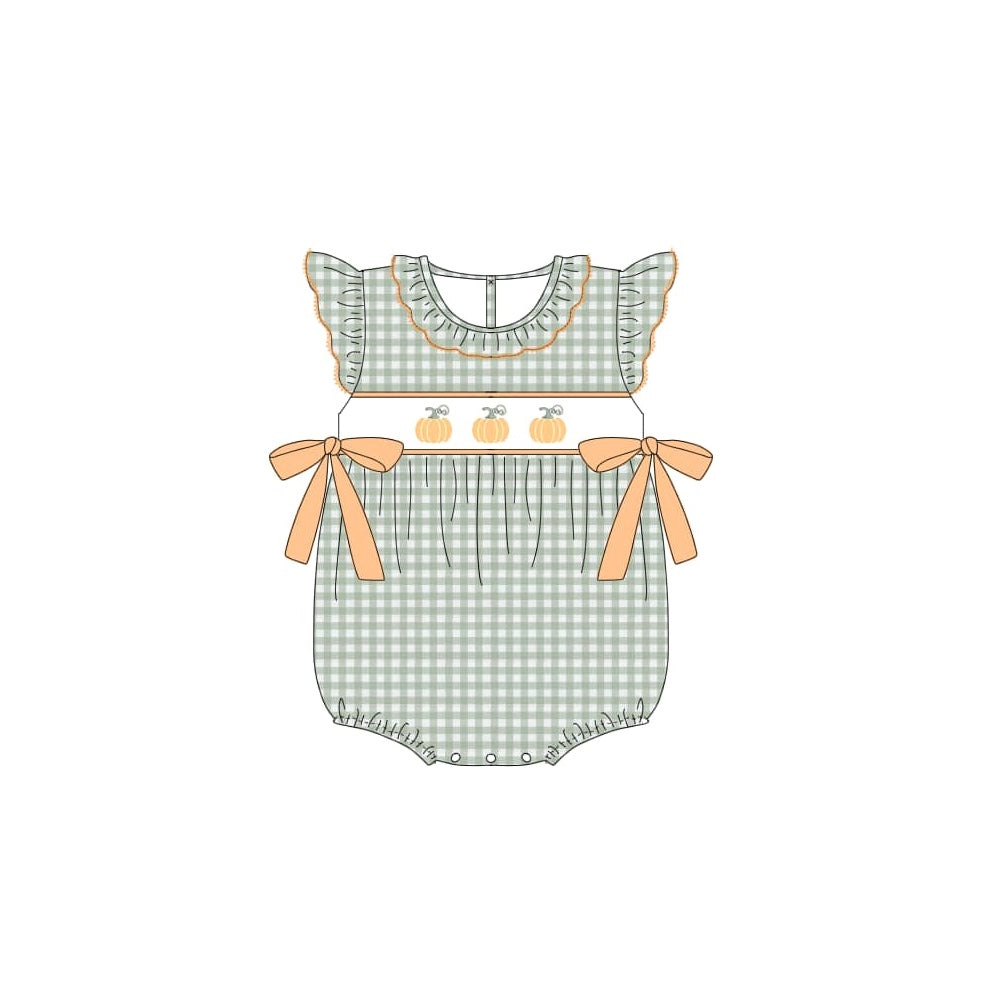 SR1708 pre-order girls Pumpkin green grid fly sleeve Jumpsuit