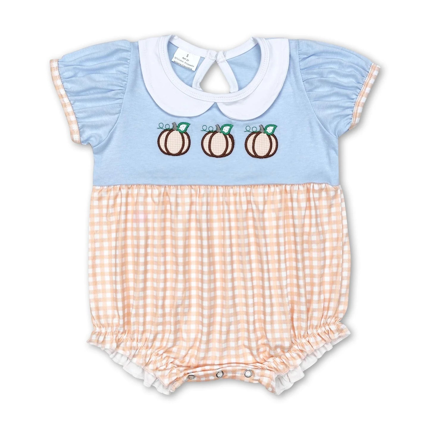 RTS NO MOQ Sibling milk silk Baby Girls And Boys Embroidery Blue Pumpkin Tunic Top Ruffle Hem Pants Two Piece Fall Sets Rompers