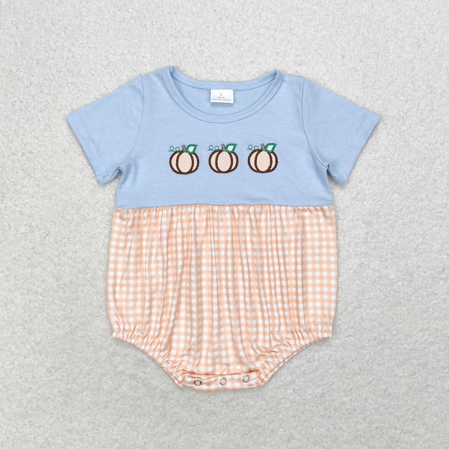 RTS no moq SR1711 Embroidered pumpkin orange plaid blue short-sleeved jumpsuit