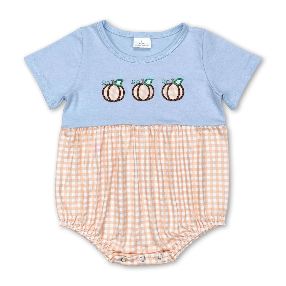 RTS NO MOQ Sibling milk silk Baby Girls And Boys Embroidery Blue Pumpkin Tunic Top Ruffle Hem Pants Two Piece Fall Sets Rompers