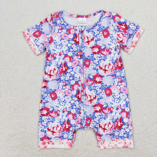 RTS no moq SR1767 blue purple flower zipper short-sleeved jumpsuit