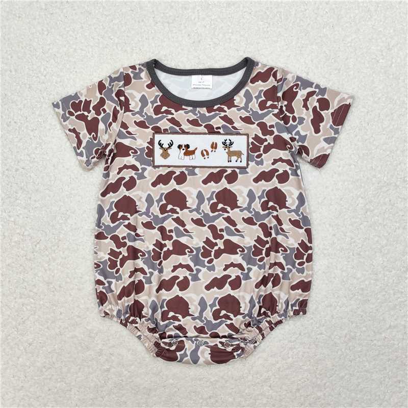 RTS NO MOQ（In Stock) girl Embroidered camouflage deer puppy short Sleeve romper\