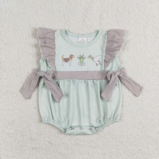 RTS no moq SR1790 Puppy duck striped bow blue-green vest jumpsuit