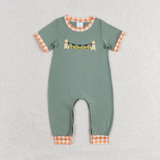 RTS no moq SR1793 Embroidered Halloween pumpkin lantern puppy orange plaid blue green short sleeve jumpsuit