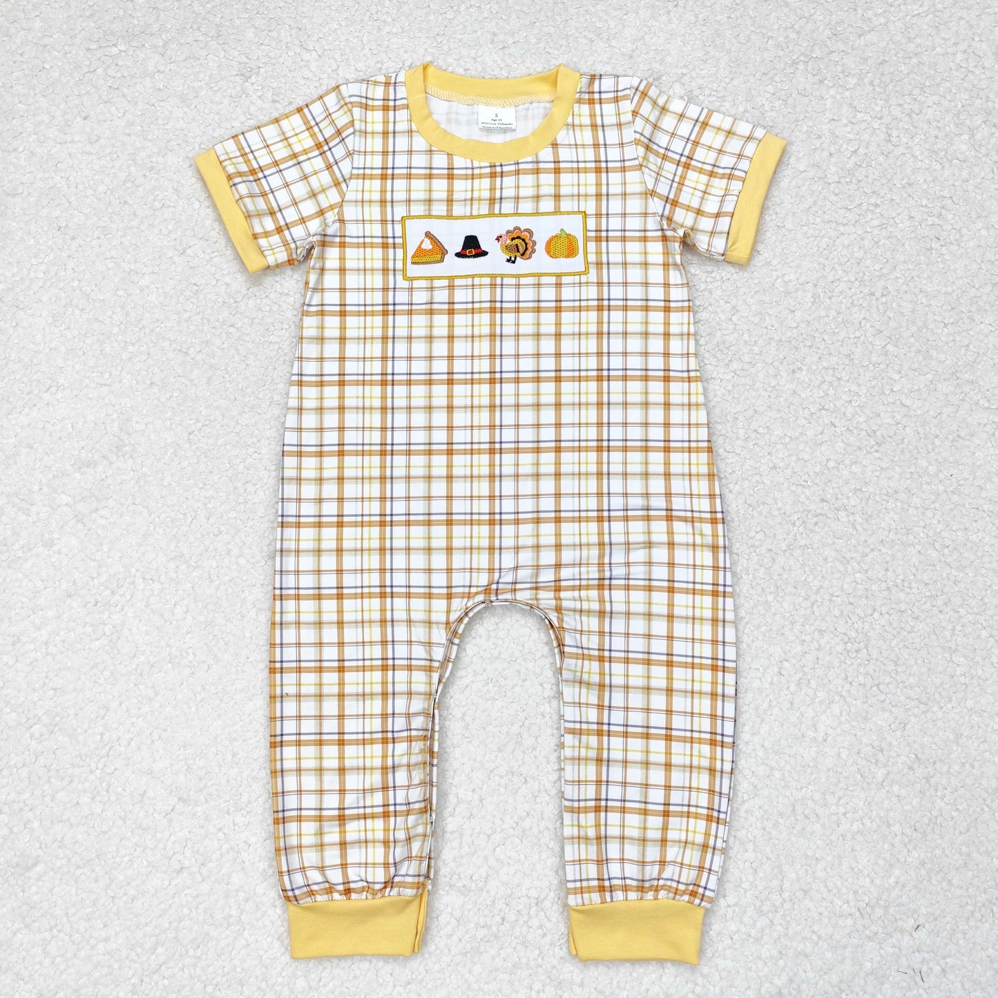 RTS no moq SR1869 Embroidery Boys Hat Turkey Pumpkin Orange and Yellow Plaid Short Sleeve Onesie