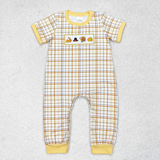 RTS no moq SR1869 Embroidery Boys Hat Turkey Pumpkin Orange and Yellow Plaid Short Sleeve Onesie