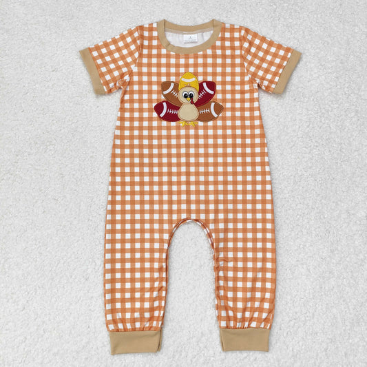 RTS NO MOQ ETA 5/7days Arrived SR1887 Embroidered Turkey Khaki Plaid Short Sleeve Bodysuit