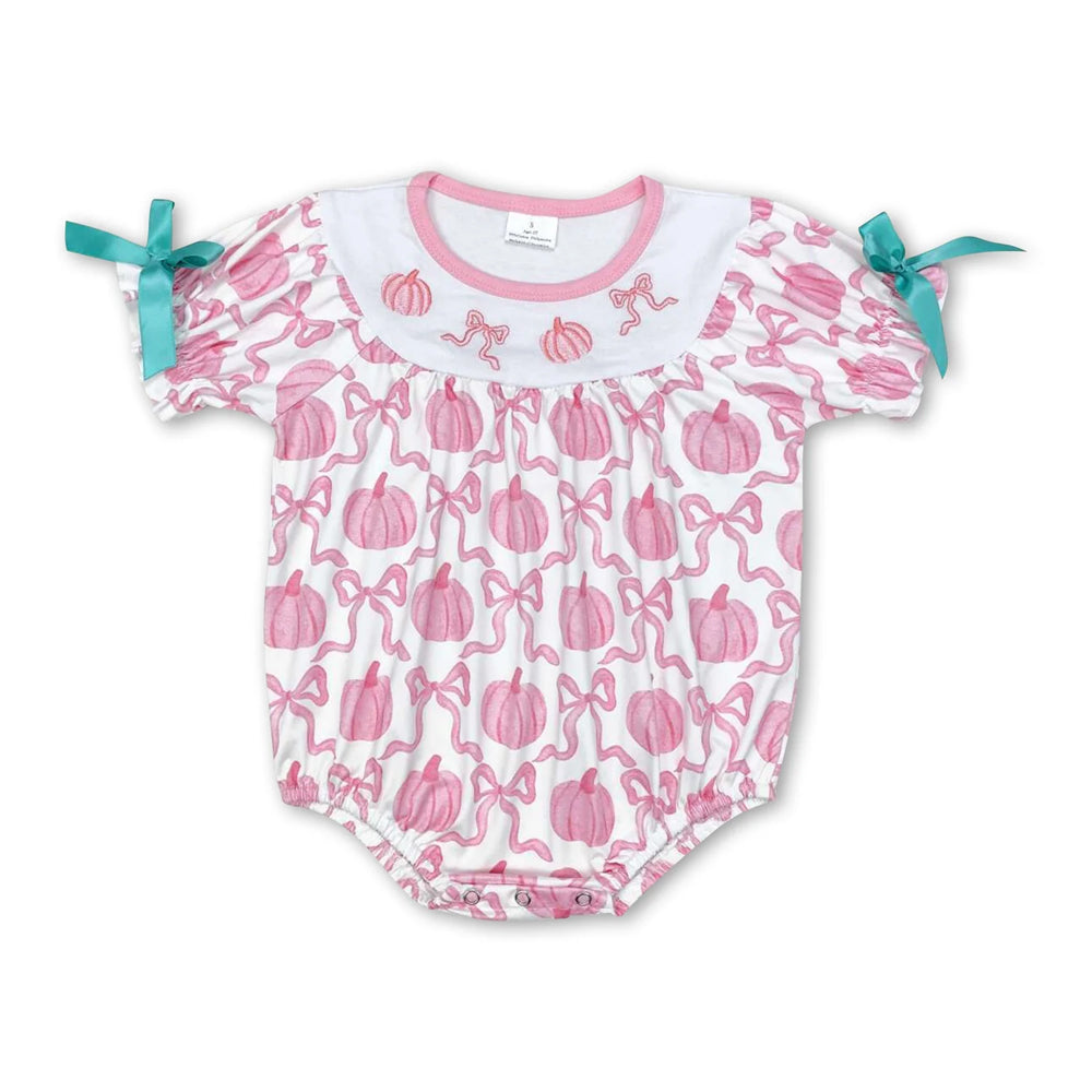 RTS NO MOQ Sibling milk silk Embroidery Baby Girls Pumpkins Short Sleeve Holiday Rompers