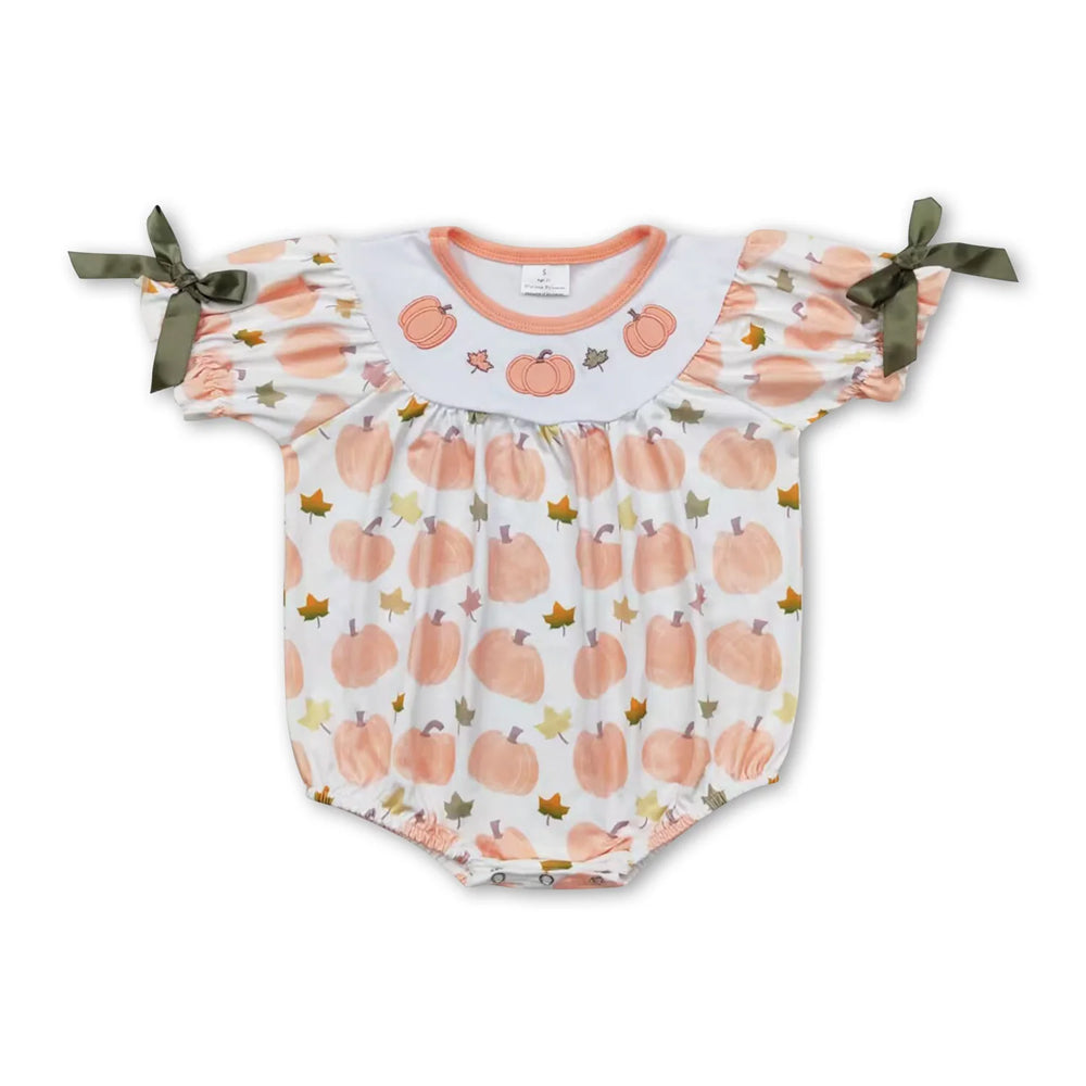 RTS NO MOQ Sibling milk silk Embroidery Baby Girls Pumpkins Short Sleeve Holiday Rompers
