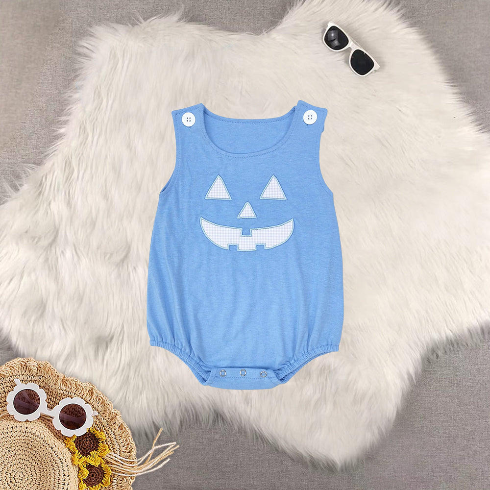 RTS NO MOQ Sibling Baby boy girl clothes Embroidered Pumpkin Smiley Face Blue & Orange*Pink Short Romper