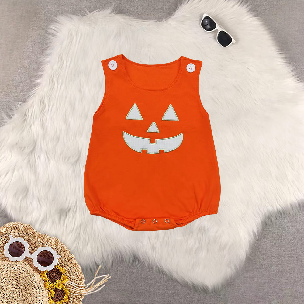 RTS NO MOQ Sibling Baby boy girl clothes Embroidered Pumpkin Smiley Face Blue & Orange*Pink Short Romper