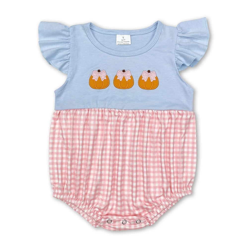 RTS NO MOQ Sibling milk silk Embroidery Pumpkins Baby Girls Flutter Sleeves Fall Rompers