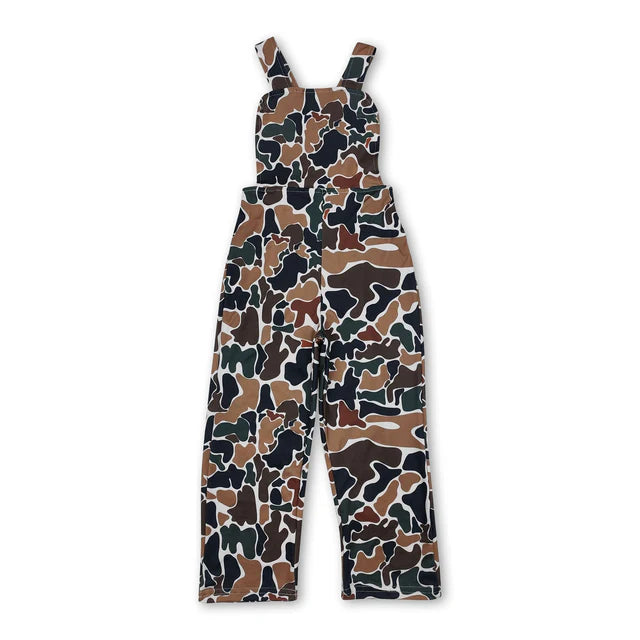 RTS NO MOQ Sibling milk silk Baby Boys Dark Brown Camo Straps Jumpsuits