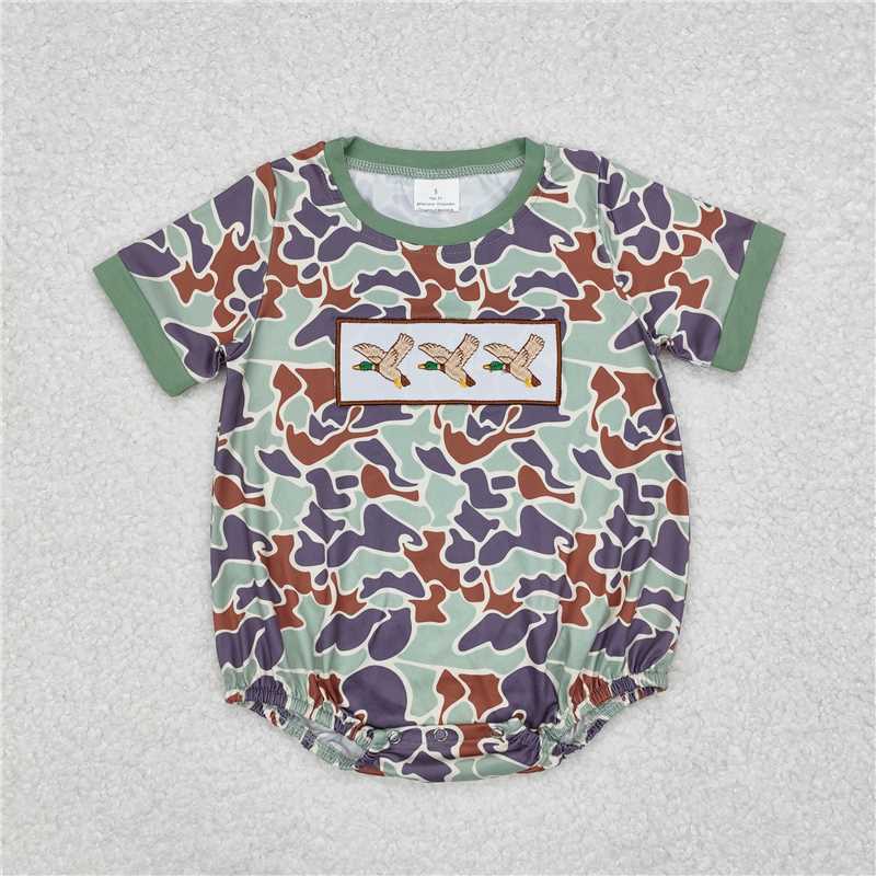 RTS NO MOQ（In Stock) SR2011 Embroidered camouflage duck short sleeve romper