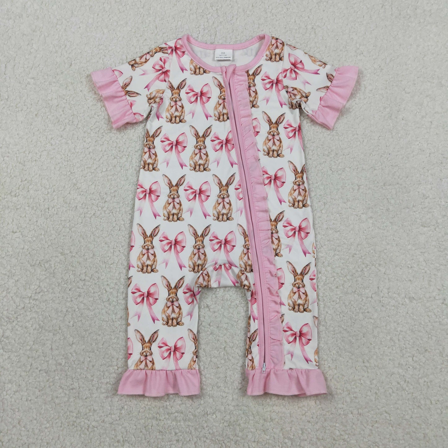 RTS NO MOQ SR2020 Baby Girls Easter Rompers Short Sleeve Bows Rabbits Design Ruffle Zipper Closure Outfit for Infants