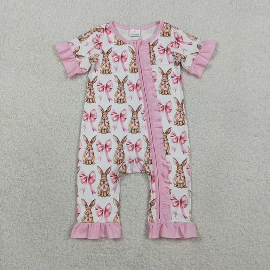 RTS NO MOQ SR2020 Baby Girls Easter Rompers Short Sleeve Bows Rabbits Design Ruffle Zipper Closure Outfit for Infants