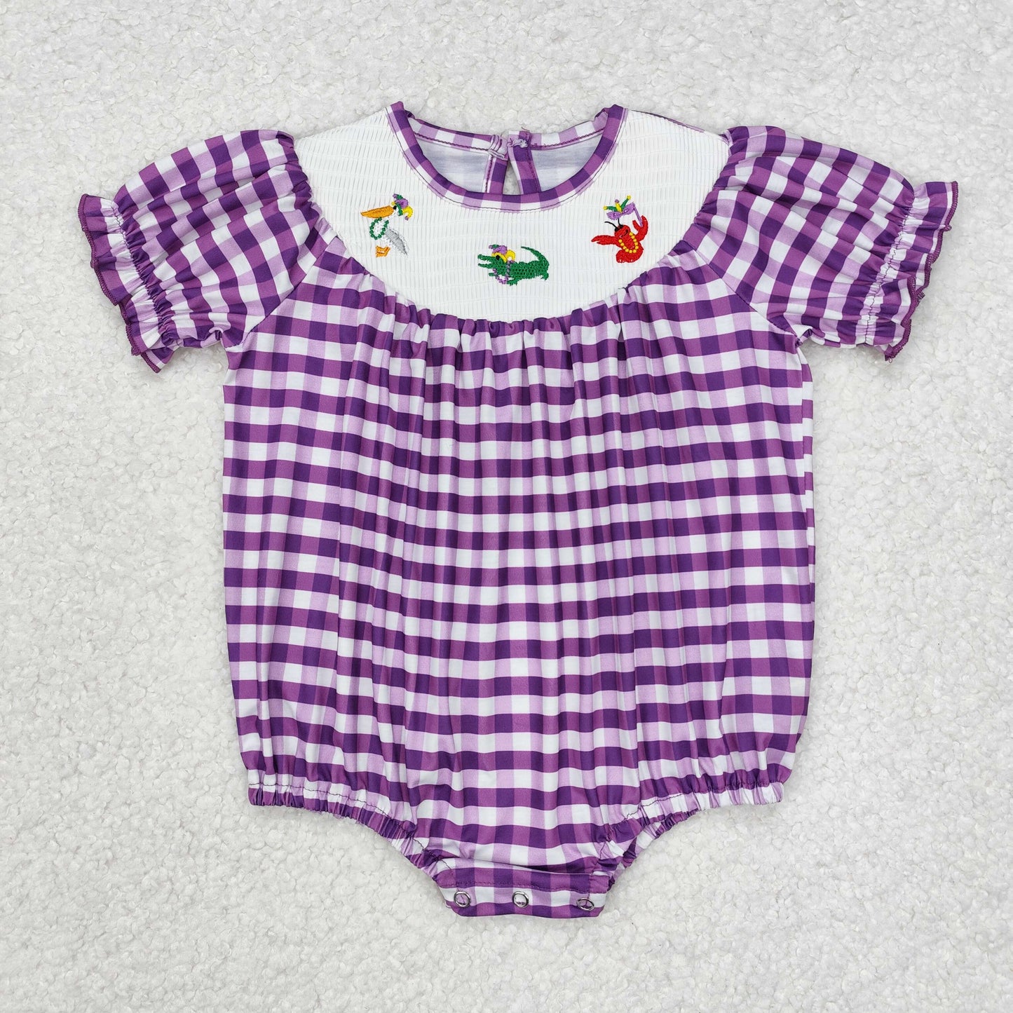 RTS NO MOQ Baby Boys Mardi gras Embroidery Smocked Shorts Sleeve Romper Mixed Sizes