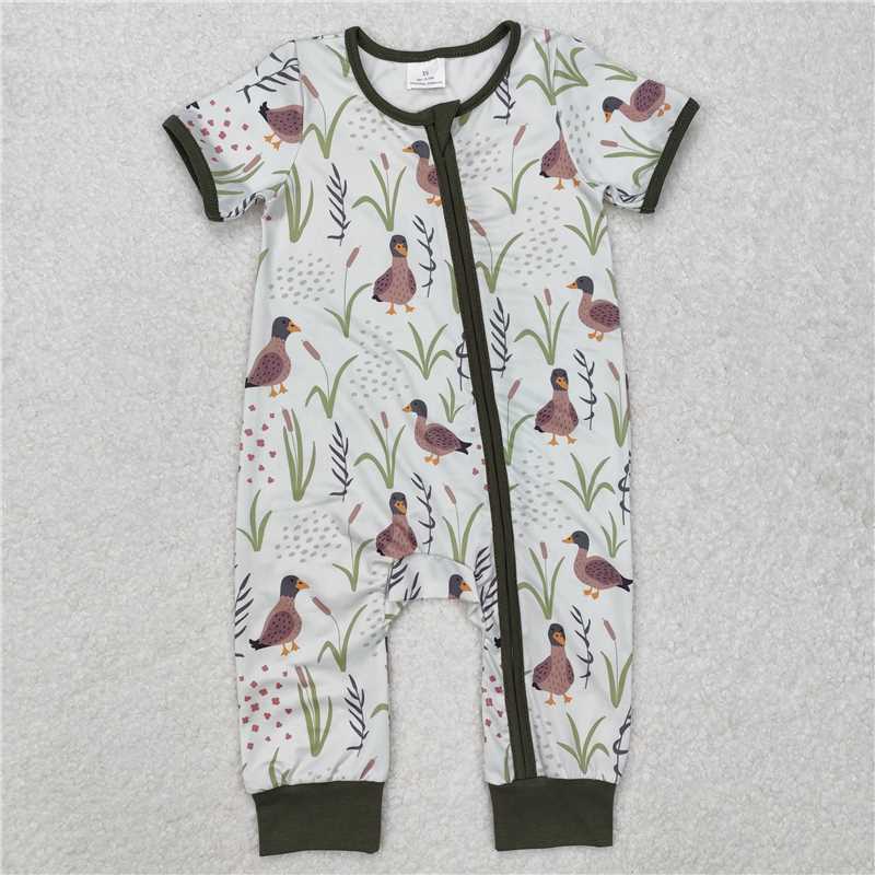 RTS NO MOQ Sibling milk silk Baby Boys Duck Print Bamboo Zipper Romper Kids Short Sleeve Pant Set