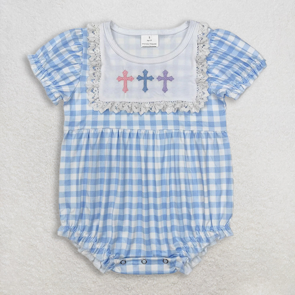 RTS NO MOQ Sibling Baby Embroidery Baby Girls Knee-Length Dress Easter Blue Checkered Cross Rompers for Spring