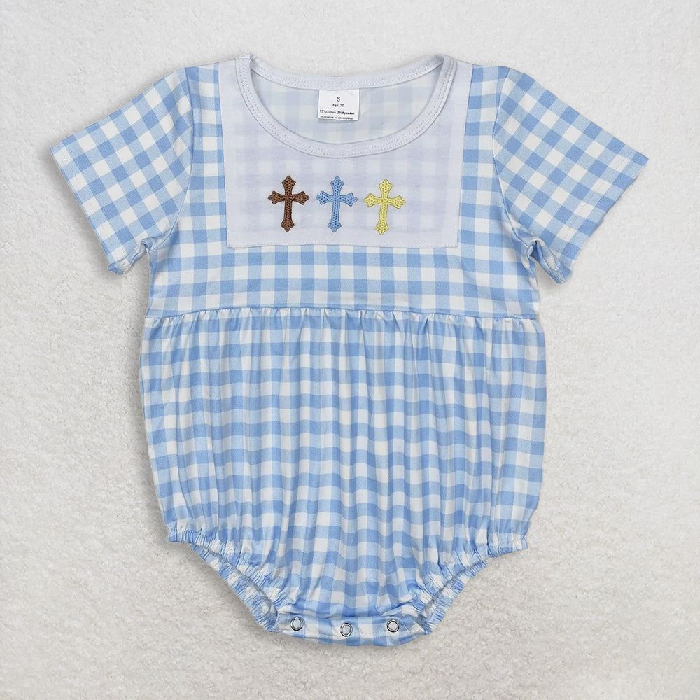 RTS NO MOQ Sibling Baby Embroidery Baby Girls Knee-Length Dress Easter Blue Checkered Cross Rompers for Spring