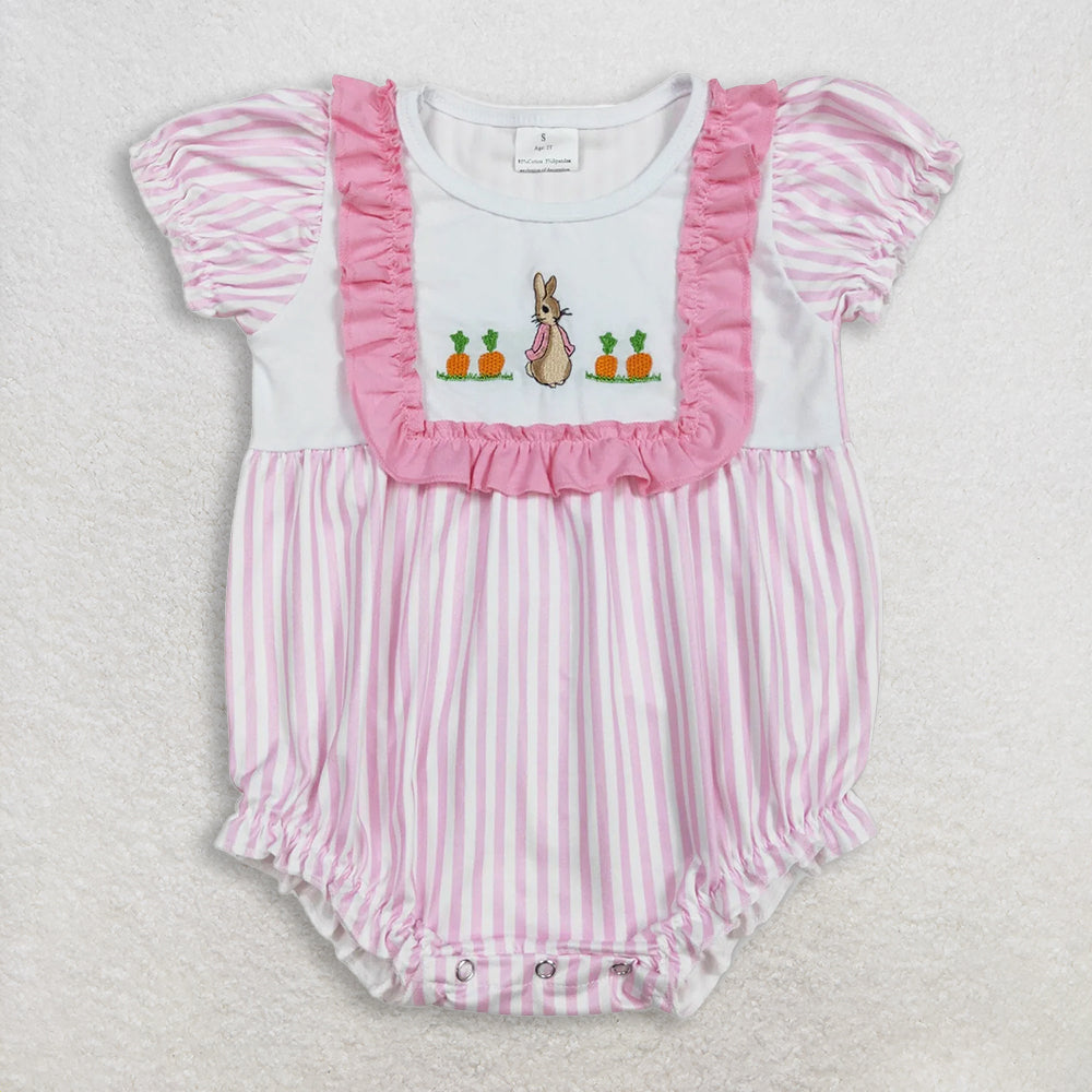 RTS NO MOQ Sibling Baby Boys Easter Clothing Set with Rabbit Embroidery Striped Shirt shorts sets Knee-Length dress Rompers