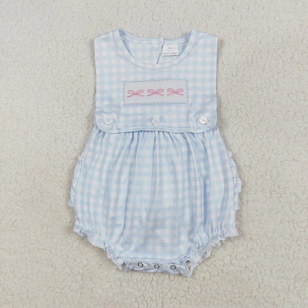 Best Sell RTS Baby Infant Girls Blue Checkered Rompers with Pink Bows Sleeveless for Little Girls