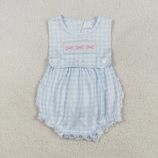 Best Sell RTS Baby Infant Girls Blue Checkered Rompers with Pink Bows Sleeveless for Little Girls