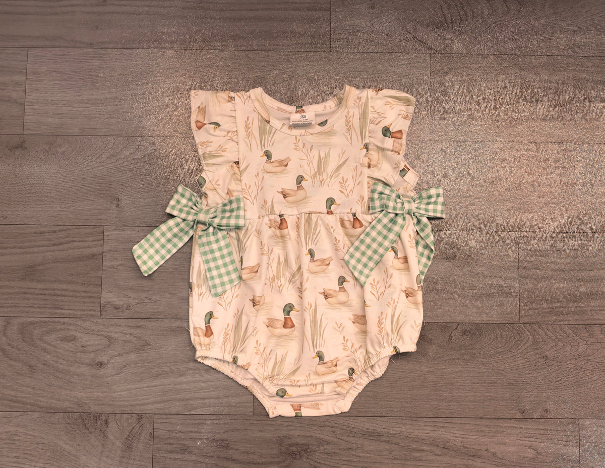 (Sample) No moq milk silk SR2257 Baby Girls Sleeveless Green Mallard Ducks Bubbles Rompers