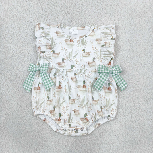 NEW RTS NO MOQ milk silk SR2257 Baby Girls Sleeveless Green Ducks Print Bubbles Rompers