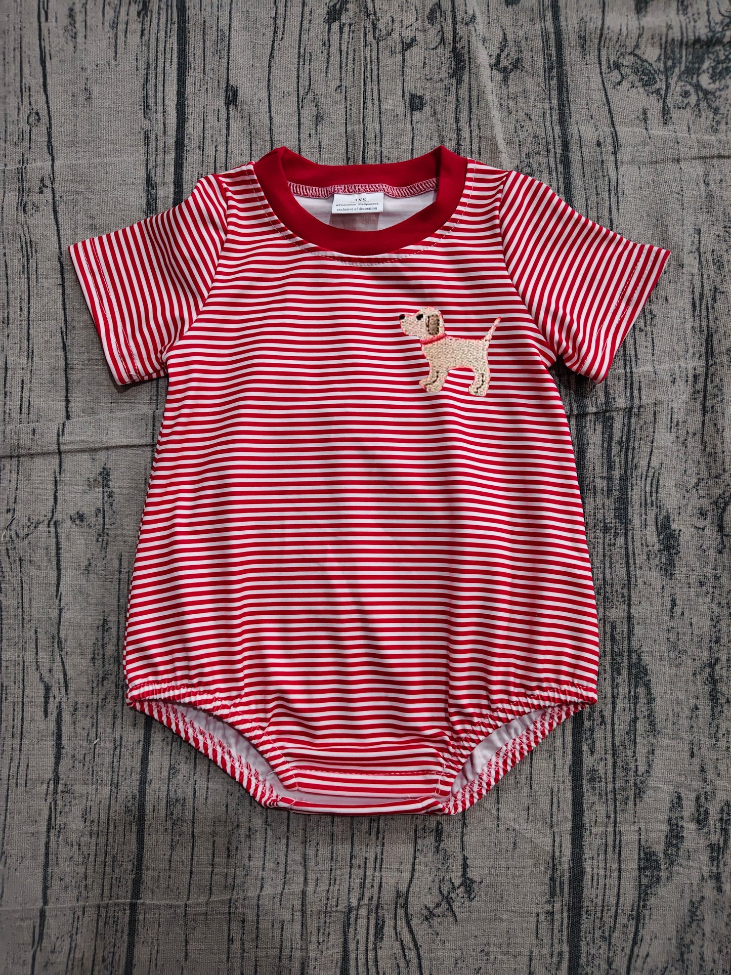 (Sample) No moq SR2286 Embroidery Baby Boys Red Stripe Dog Embroidery Casual Short Sleeve Rompers