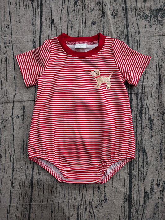 (Sample) No moq SR2286 Embroidery Baby Boys Red Stripe Dog Embroidery Casual Short Sleeve Rompers