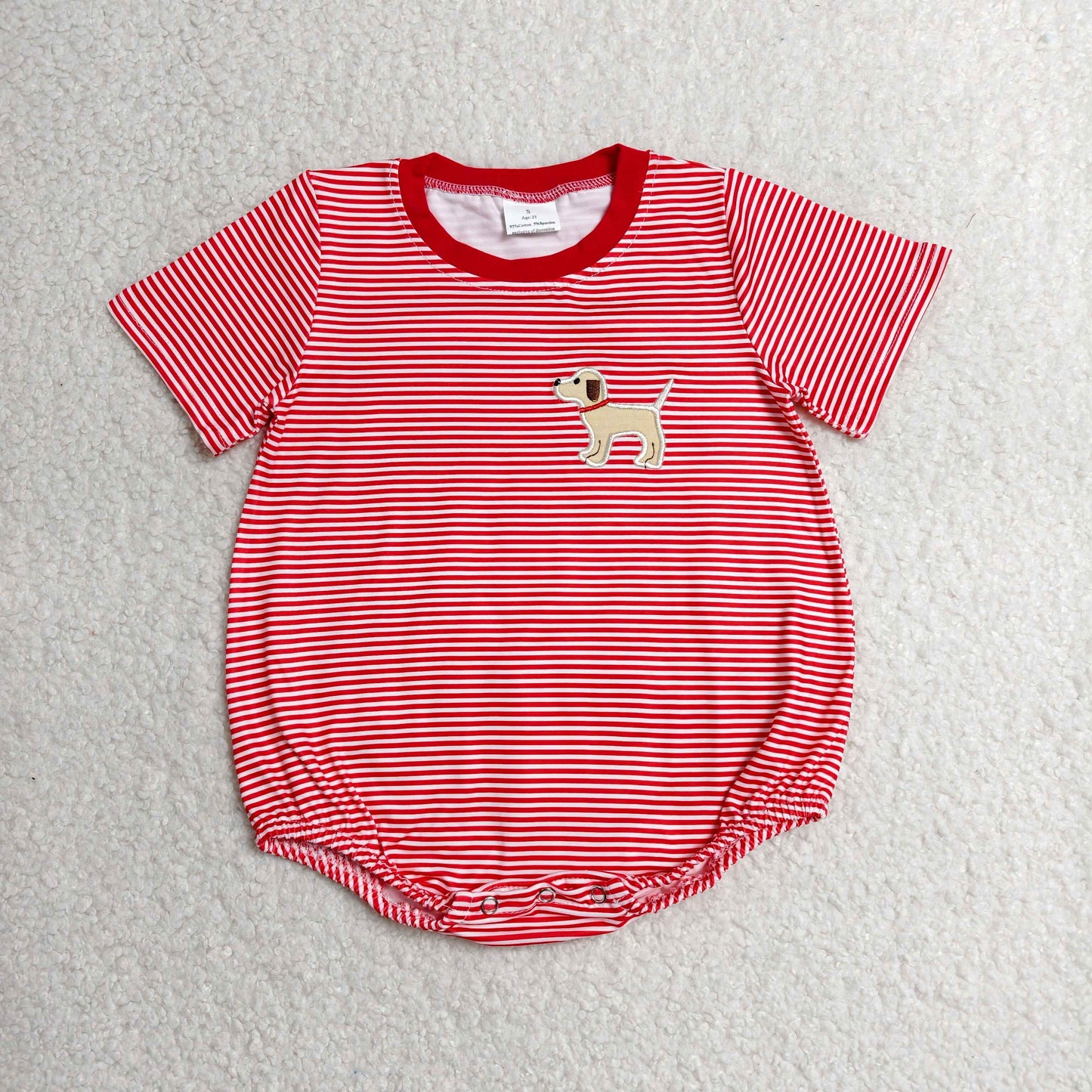 RTS NO MOQ milk silk SR2286 Baby Boys Red Stripe Dog Embroidery Short Sleeve Rompers