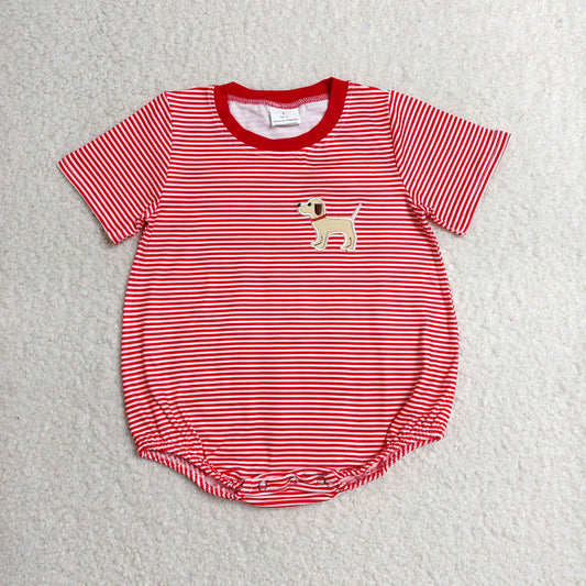 RTS NO MOQ milk silk SR2286 Baby Boys Red Stripe Dog Embroidery Short Sleeve Rompers