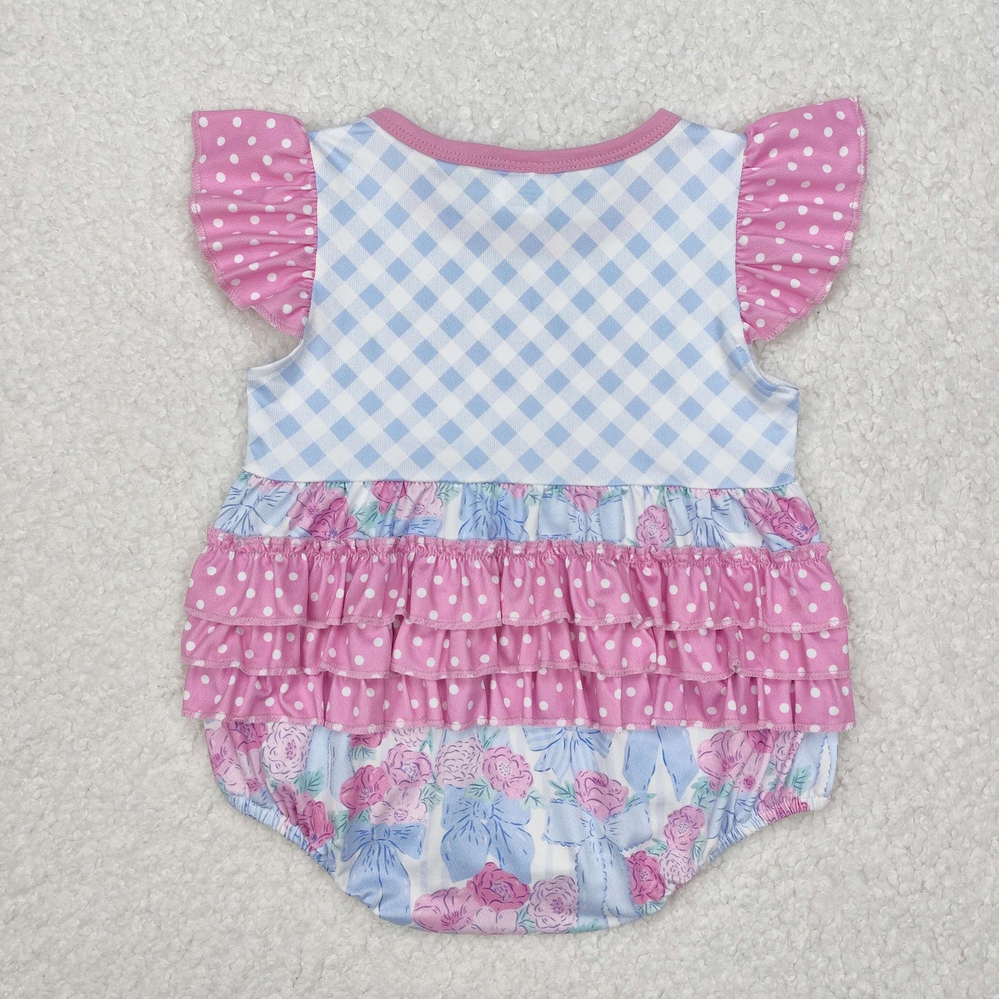 RTS NO MOQ ETA 5/7days arrived SR2298 Flower leaf bow pattern blue plaid polka dot vest jumpsuit