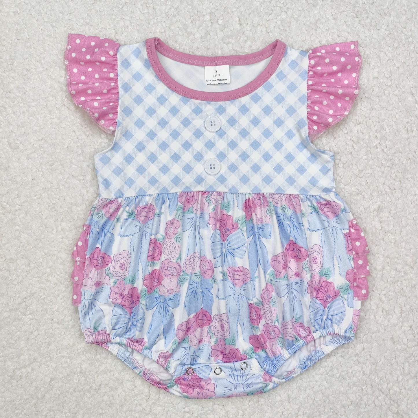 RTS NO MOQ ETA 5/7days arrived SR2298 Flower leaf bow pattern blue plaid polka dot vest jumpsuit