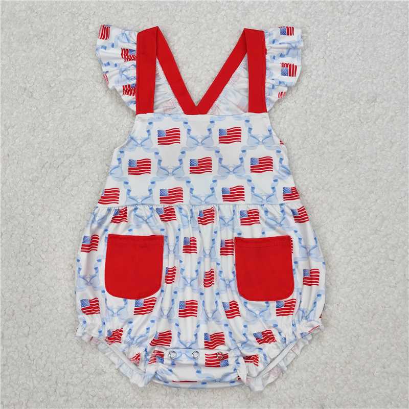 RTS NO MOQ baby girl clothes 4th of july flying-sleeved romper dress