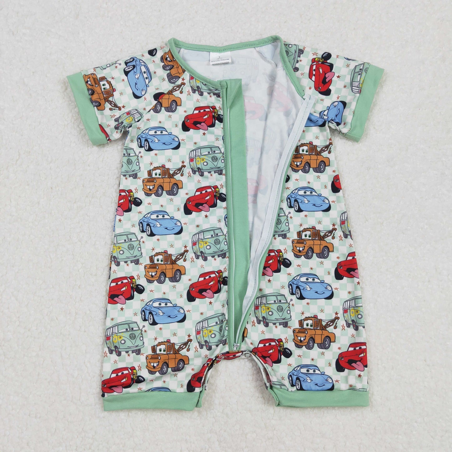 RTS NO MOQ ETA 5/7days arrived SR2373 cars green plaid zipper short-sleeved jumpsuit
