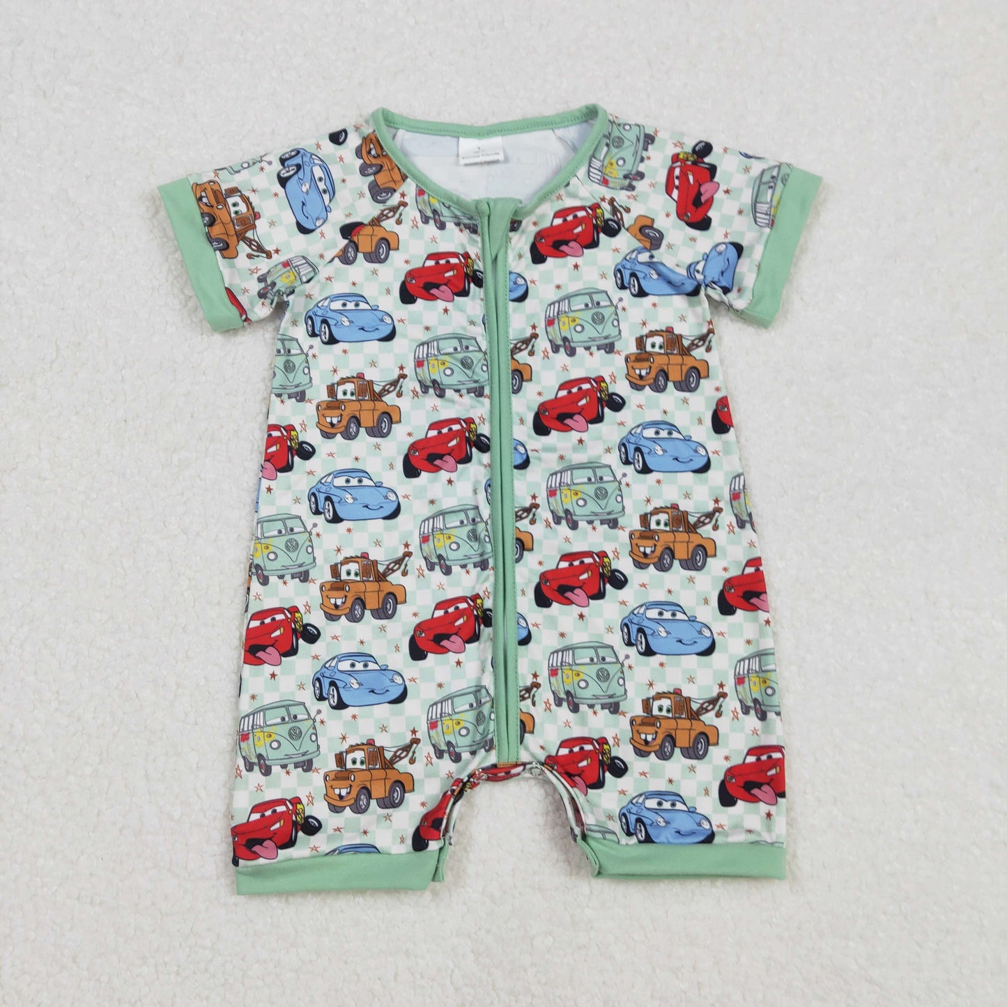 RTS NO MOQ ETA 5/7days arrived SR2373 cars green plaid zipper short-sleeved jumpsuit