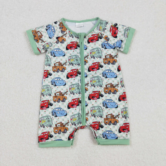 RTS NO MOQ ETA 5/7days arrived SR2373 cars green plaid zipper short-sleeved jumpsuit