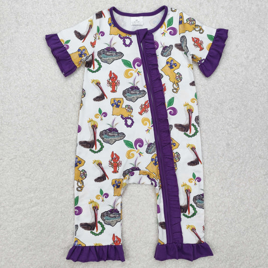 RTS NO MOQ ETA 5/7days arrived SR2422 Carnival animal lace purple and white zipper short-sleeved jumpsuit